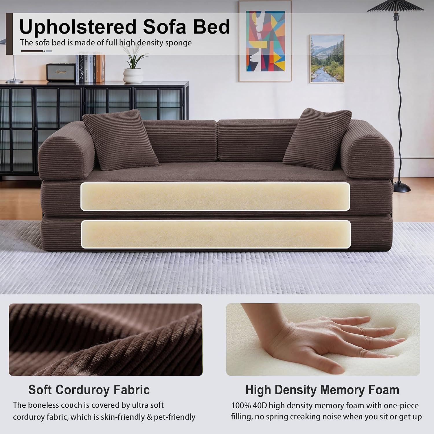 JJJ 78 inch Sofa Bed 4-in-1 Boneless Convertible Corduroy Sleeper Folding Couch with Fixed-Shape Frame and 2 Futons No Assemble Required 3 Seater Upholstered for Living Room (Brown, 78 inch)