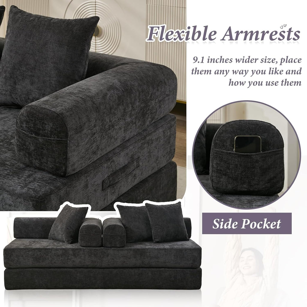 Futon Sofa Bed, Modular Convertible Folding 3 Seater Chenille Foam Floor Loveseat Sleeper Sofa Couch with 3 Pillows, No Assembly Compressed Boneless Couch, for Living Room Bedroom Guest Room, Black