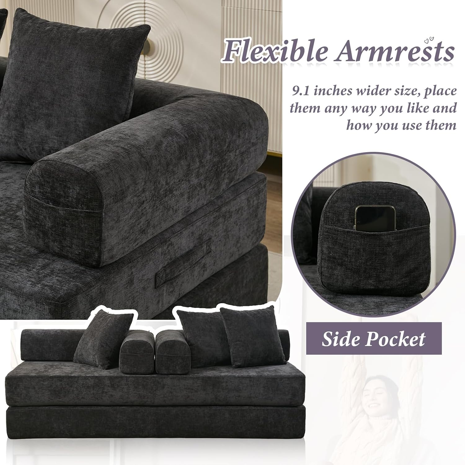 Futon Sofa Bed, Modular Convertible Folding 3 Seater Chenille Foam Floor Loveseat Sleeper Sofa Couch with 3 Pillows, No Assembly Compressed Boneless Couch, for Living Room Bedroom Guest Room, Black