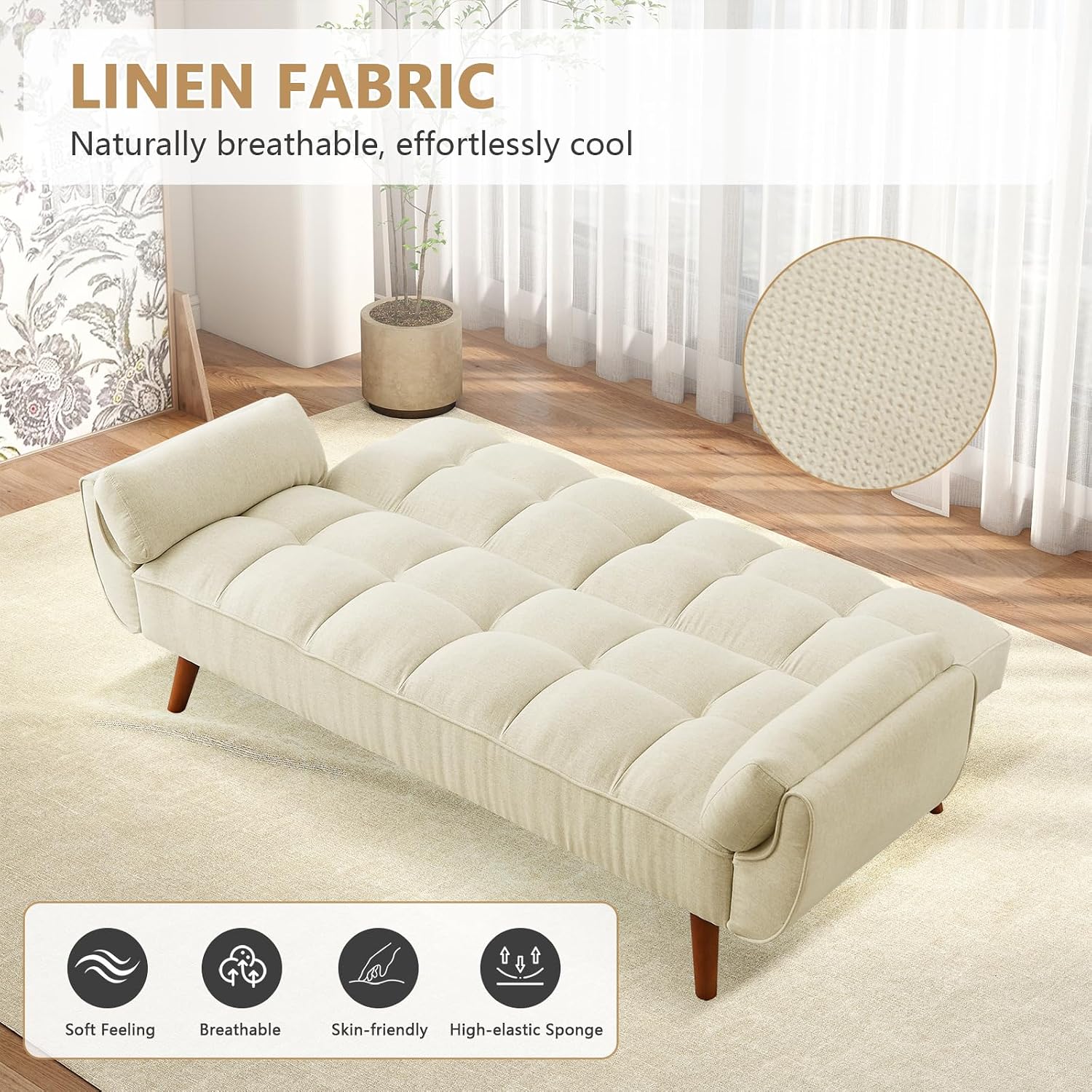 75' Convertible Futon Sofa Bed, Sleeper Couch Bed with Adjustable Backrest, Small Couches for Small Spaces, Living Room, Bedroom and Office (White)