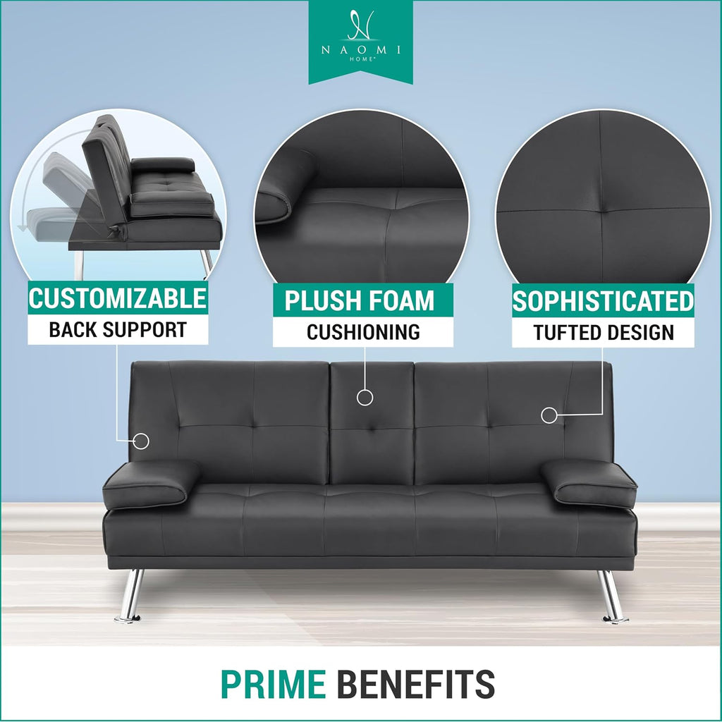 Naomi Home Low Profile Design: Convertible Folding Futon Sofa Bed Sleeper Couch for Living Room Faux Leather Upholstered Futon Sofa with Armrests, Metal Legs, 2 Cup Holders, Black