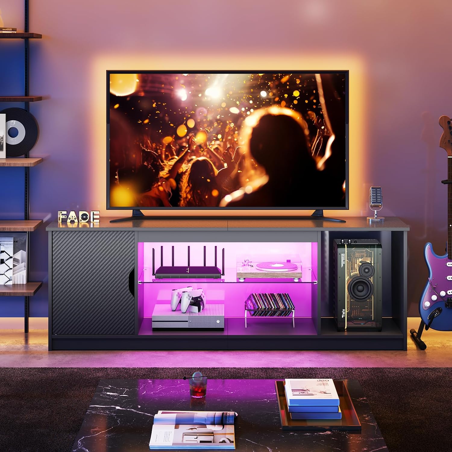 Bestier 57' LED TV Stand for 55/60/65 Inch TVs - Gaming Entertainment Center with RGB Lights, Adjustable Glass Shelves & Cabinet for PS5/Xbox, Modern Black TV Console for Living Room