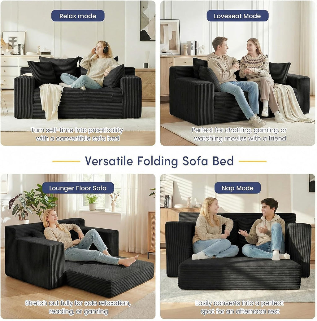 cidludto Boneless Couch Loveseat Sleeper, Convertible Sofa Bed Folding Couch Bed Foldable, 2 in 1 Boneless Chair Bed & Futon Sofa Bed, Small Pull Out Sofa with 4 Pillows for Living Room, Black | No Assembly, Convertible, 2 in 1, Pull Out Handle, 4 Pillows