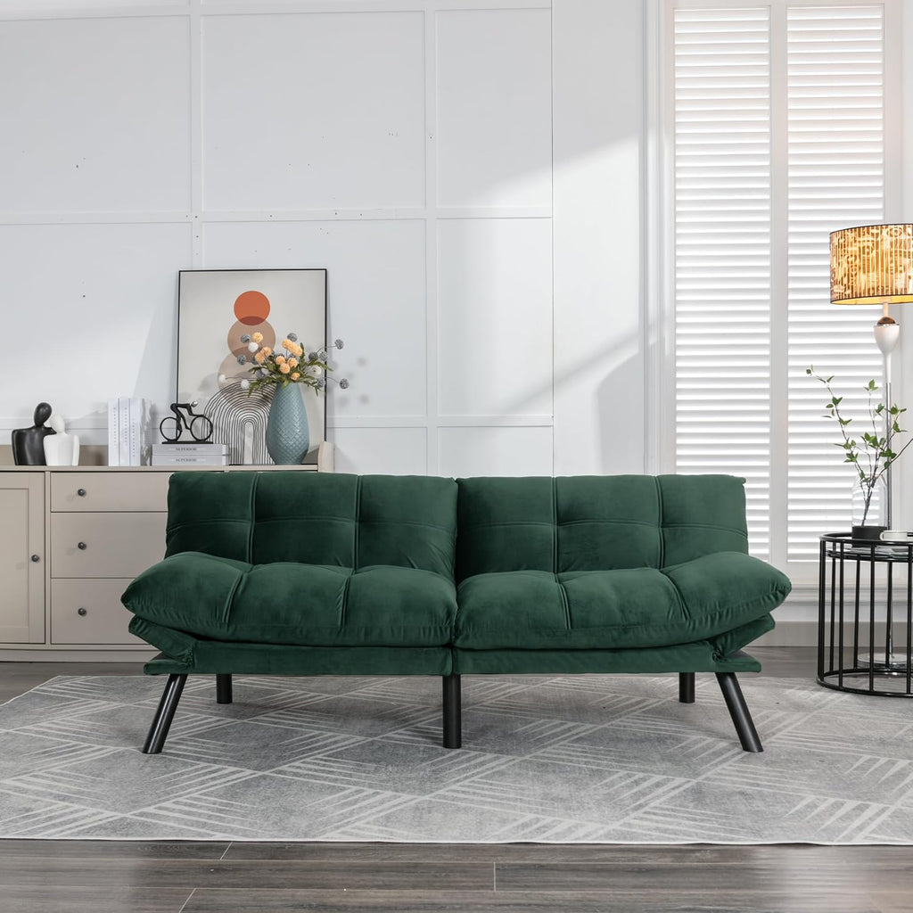 Convertible Futon Sofa Bed for Small Spaces, Modern Multi-Functional Sleeper with Adjustable Backrest, Tufted Brown Fabric Couch for Living Room, Apartment, Dorm (Emerald)