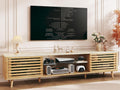 HUAHUU 70' TV Stand with Faux Marble Top for TVs up to 80', Mid Century Modern TV Console with Slatied Sliding Door, Entertainment Center with Adjustable Glass Shelves for Bedroom, Living Room, Oak