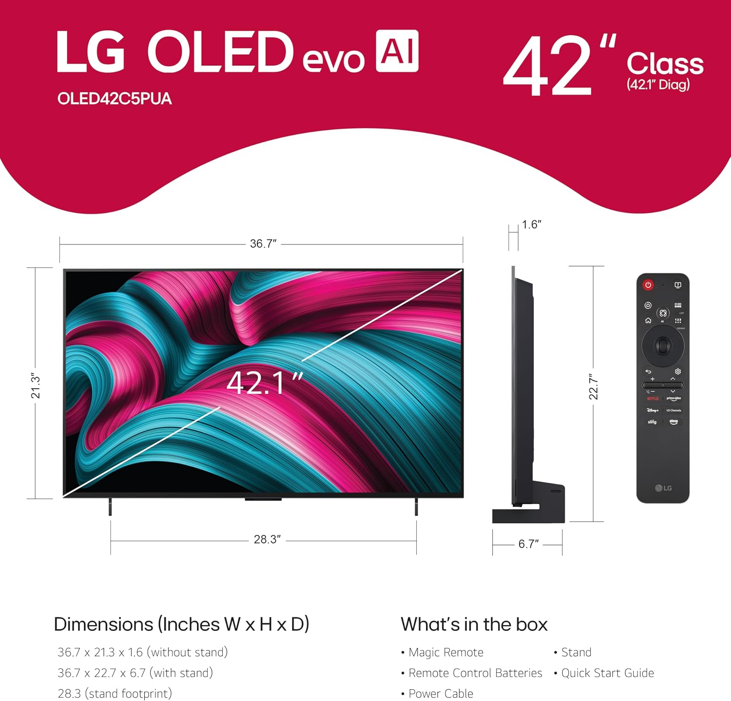 LG 42-Inch Class OLED evo AI Super Upscaling 4K C5 Series Smart TV w/Dolby Atmos & Vision, HDR10, Filmmaker Mode, Wow Orchestra, Alexa Built-in (OLED42C5PUA, 2025)