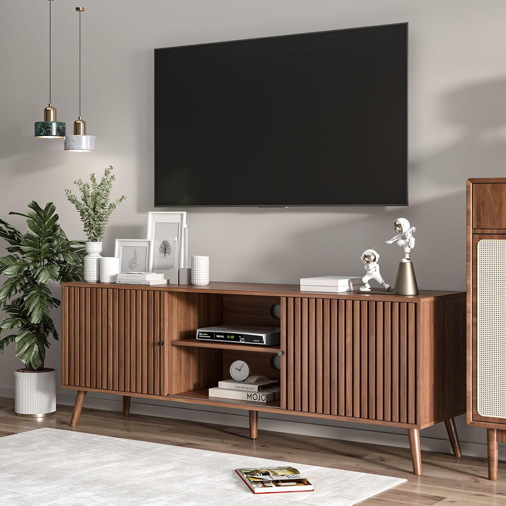 Oubayajia Mid Century Modern TV Stand for Televisions up to 70 Inches, with Sliding Doors and Storage, Television Stands, TV Consoles, Media Consoles for Living Room, 63 Inch (Walnut)