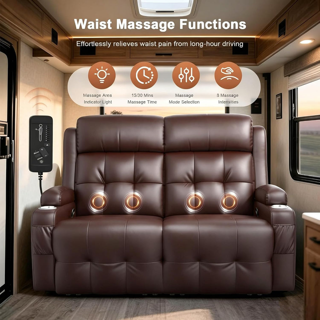 RV Loveseat Recliner Sofa, Wall Hugger Massage Reclining RV Couch with USB, Insert Pockets, Cup Holders, 150° RV Recliners Sleeper Sofa for RV Furniture & Travel Trailers & Home Theater Seating