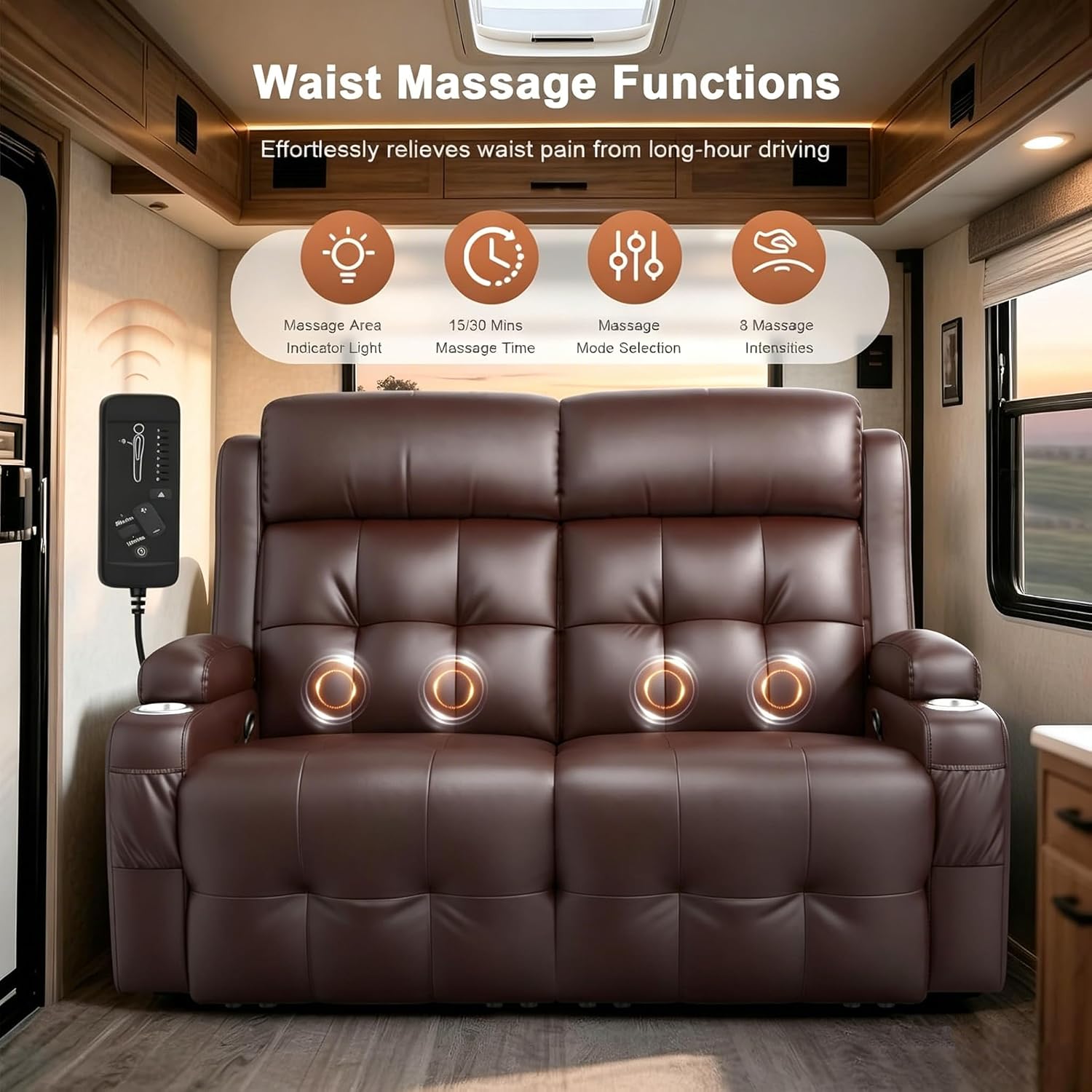 RV Loveseat Recliner Sofa, Wall Hugger Massage Reclining RV Couch with USB, Insert Pockets, Cup Holders, 150° RV Recliners Sleeper Sofa for RV Furniture & Travel Trailers & Home Theater Seating