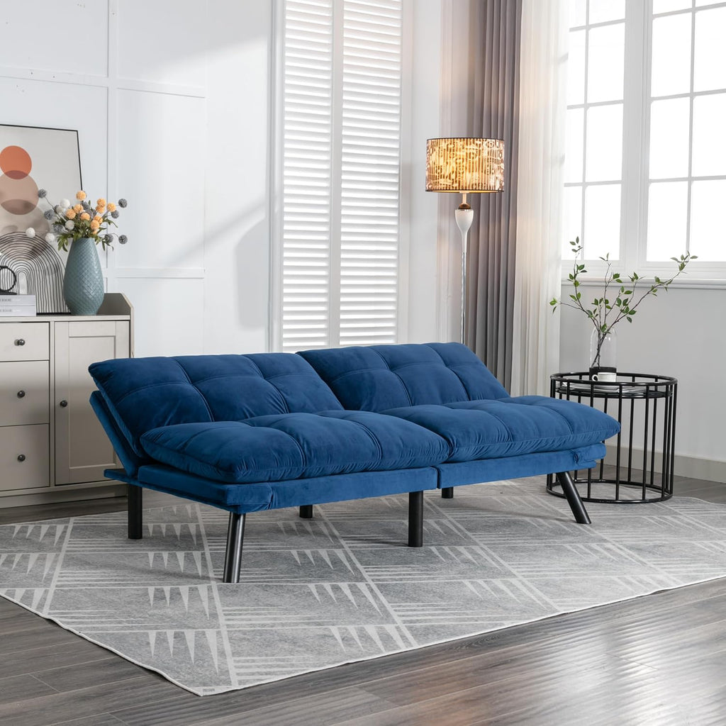 Convertible Futon Sofa Bed for Small Spaces, Modern Multi-Functional Sleeper with Adjustable Backrest, Tufted Brown Fabric Couch for Living Room, Apartment, Dorm (Navy Blue)