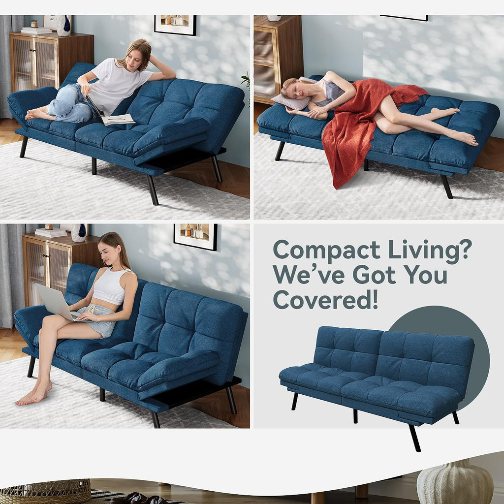 Vyfipt Convertible Futon Sofa Bed, Blue Linen Futon Couch with Adjustable Backrest & Armrests, Folding Small Recliner Sleeper Sofa Bed for Living Room, Apartment, Office