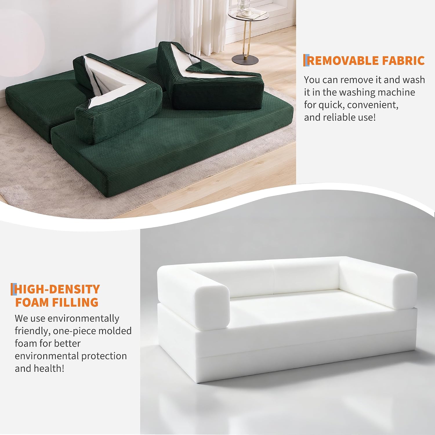 Garvee 5-in-1 Convertible Sofa Bed, 78.8' Modular Corduroy Sleeper with Sturdy Frame & No Assembly, Multi-Functional Futon for Small Space, Living Room & Guest Room (Green) (Dark Green)
