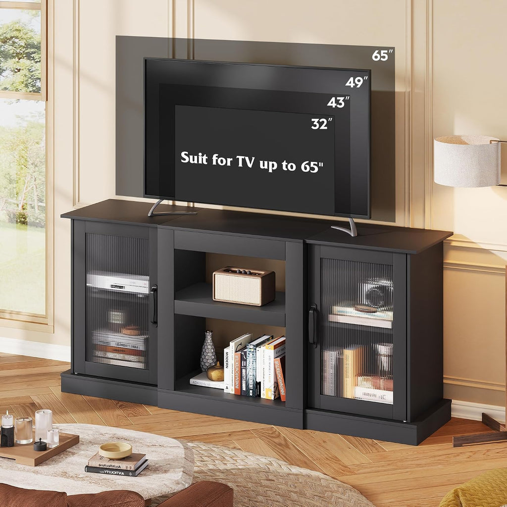 WLIVE Farmhouse TV Stand for 65 inch TV, 58' Entertainment Center with Storage Cabinets, Open Shelves TV Console for Living Room and Bedroom, Black