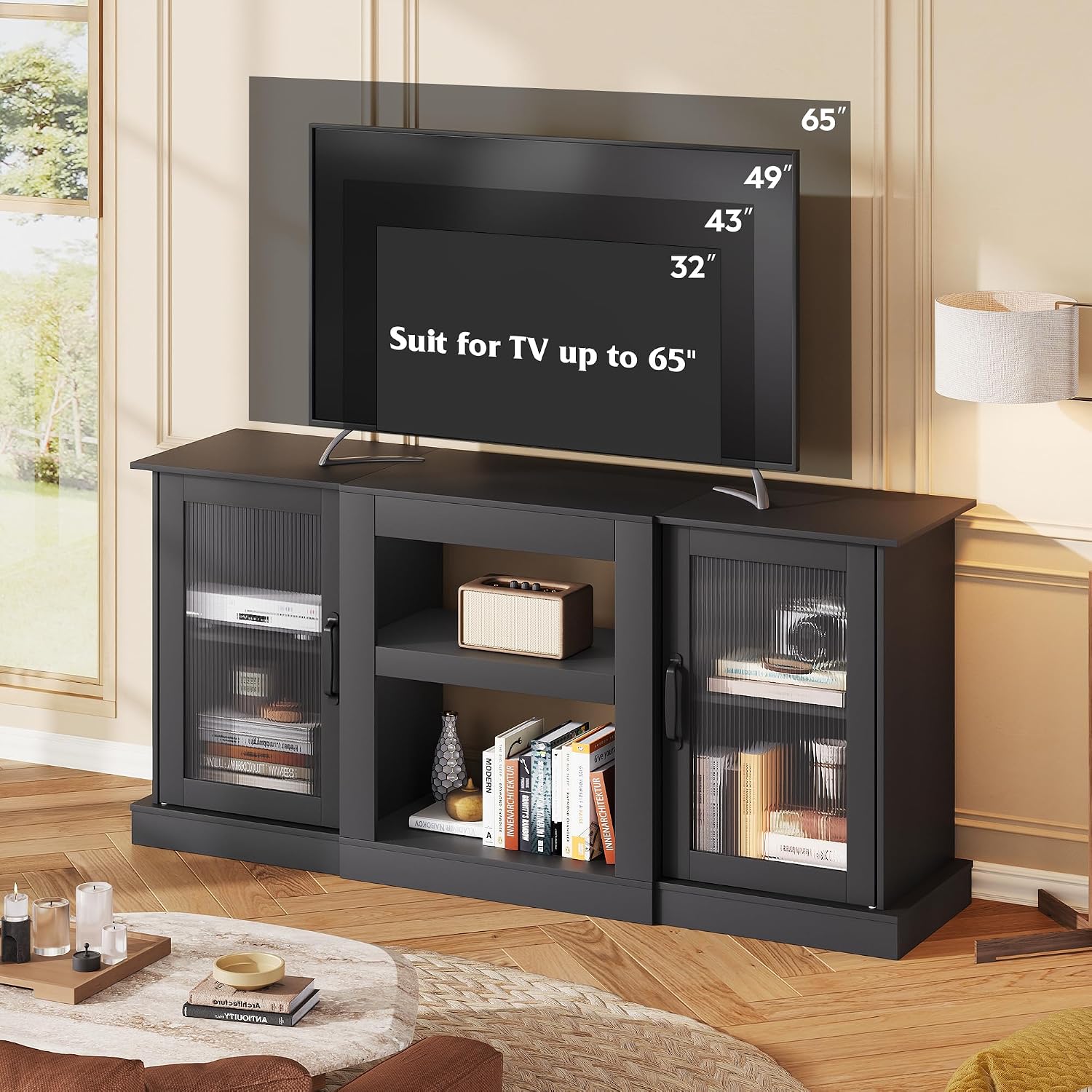 WLIVE Farmhouse TV Stand for 65 inch TV, 58' Entertainment Center with Storage Cabinets, Open Shelves TV Console for Living Room and Bedroom, Black