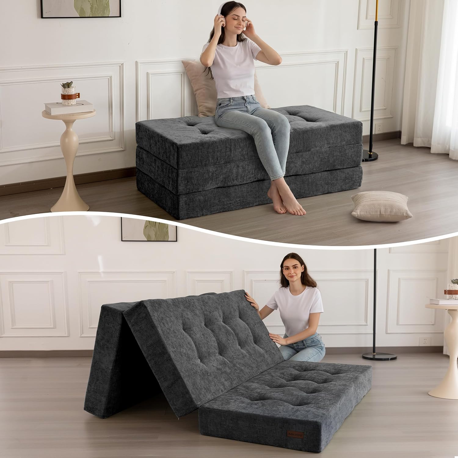 MAXYOYO 6' Folding Sofa Bed for Floor, Tufted Tri-Fold Floor Mattress with Chenille Fabric, Full Size Portable Sofa Couch Guest Mat for Adults, Foldable Topper for Camping, Dark Grey, 53'x75'