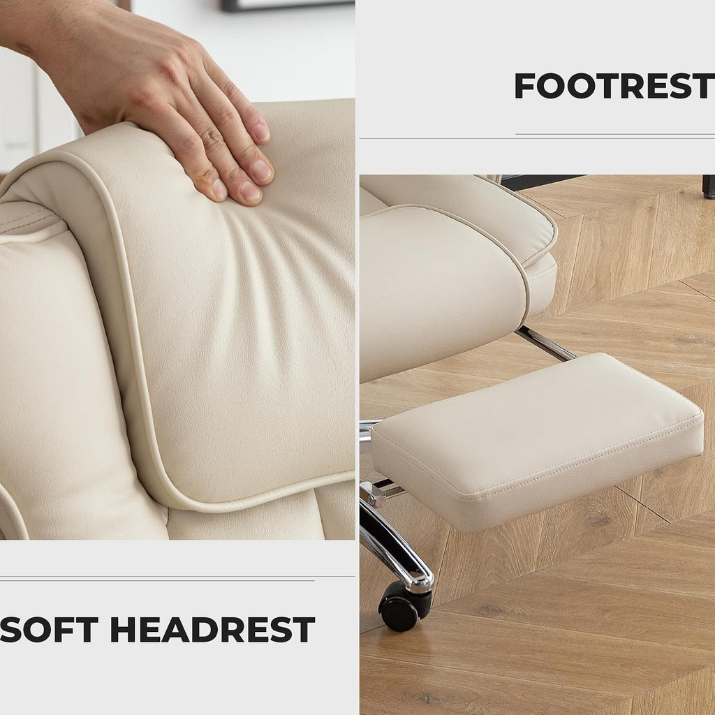 Office Chair, Big Executive Office Chair with Footrest, Ergonomic Reclining Chair High Back,Leather Computer Chair for Adult(Beige)