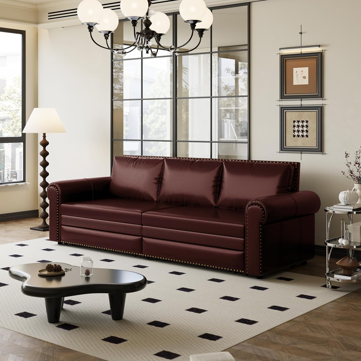 93.7' King Pull Out Sofa Bed, Faux Leather Sleeper Sofa Couch, 3 in 1 Convertible Futon Couches for Living Room, Small Space, Apartment, Office, Bedroom, Modern Rivet Armrest, Burgundy