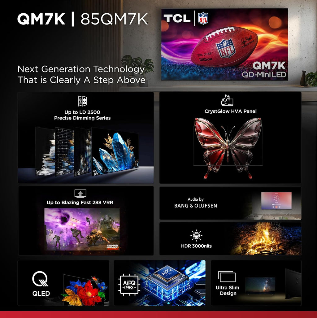 TCL 85 Inch Class QM7K Series | Mini LED QLED 4K HDR | 85QM7K, 2025 Model | 120HZ-144HZ Anti Reflective Screen Smart Google TV Dolby Atmos Onkyo Audio | Voice Remote Alexa Gaming Streaming Television