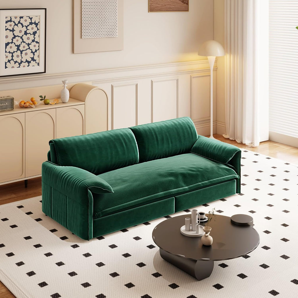 3 in 1 Convertible Queen Sleeper Sofa Bed Comfy Pull Out Futon Couch Bed 66' Modern Velvet Recliner Loveseat Sofa Multi-Functional Green Cloud Couch for Living Room,Apartment,Office (Green 66')
