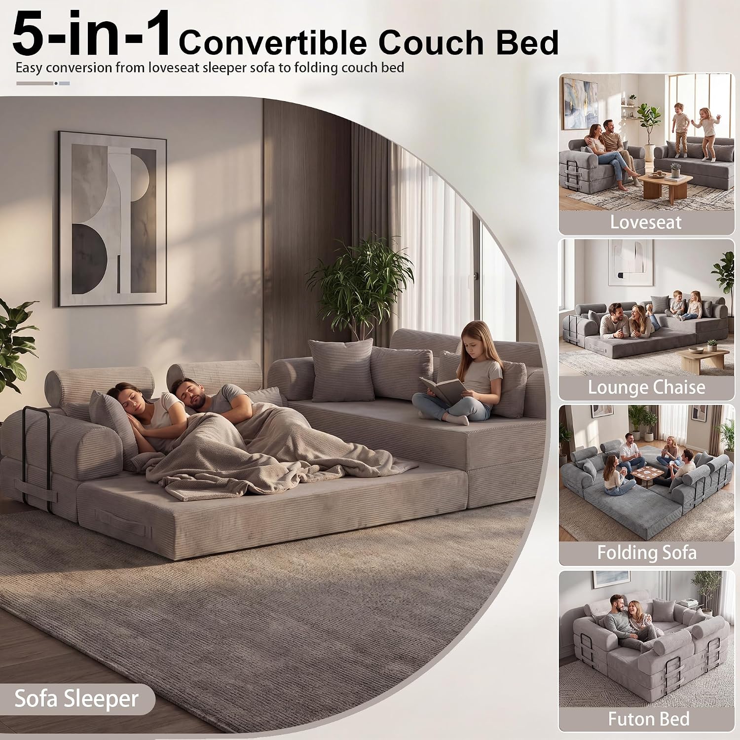 JJJ 108 inch Sofa Bed 4-in-1 Boneless Convertible Corduroy Sleeper Folding L Shaped Couch with Fixed-Shape Frame No Assemble Required 3 Seater Upholstered for Living Room (Light Grey, 108 inch)