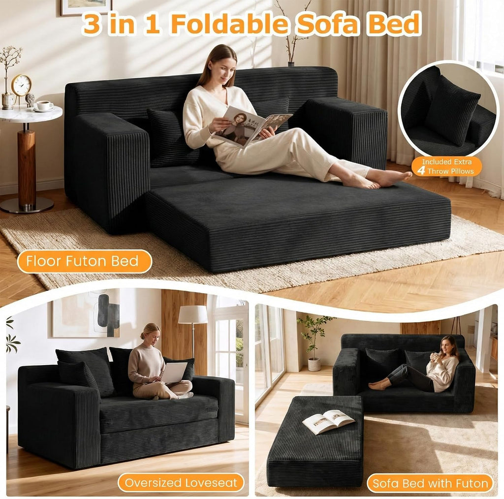 55' Small Boneless Couch, 3-in-1 Boneless Loveseat Sleeper Sofa Bed Convertible Sofa Bed with 4 Pillows, Black Corduroy Boneless Couch for Living Room, Guest Room, Small Space, No Assembly Required