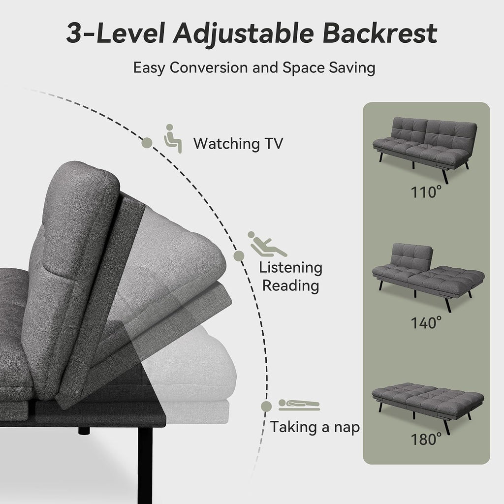Convertible Futon Sofa Bed,71' Memory Foam Futon Couch,Detachable Cushion,Adjustable Backrest & Armrest,Linen Modern Loveseat Sleeper Recliner for Living Room,Office,Apartment,Mist Grey