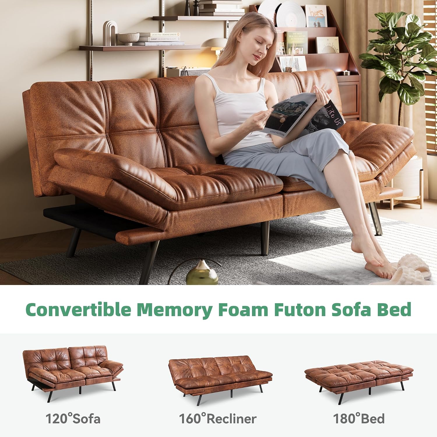 Opoiar 71' L Covertible Futon Sofa Bed,Faux Leather Futon Couch, Memory Foam Modern Loveseat Sleeper, Small Splitback Sofa Couches for Living Room,RV,Home Office,Apartment,Brown