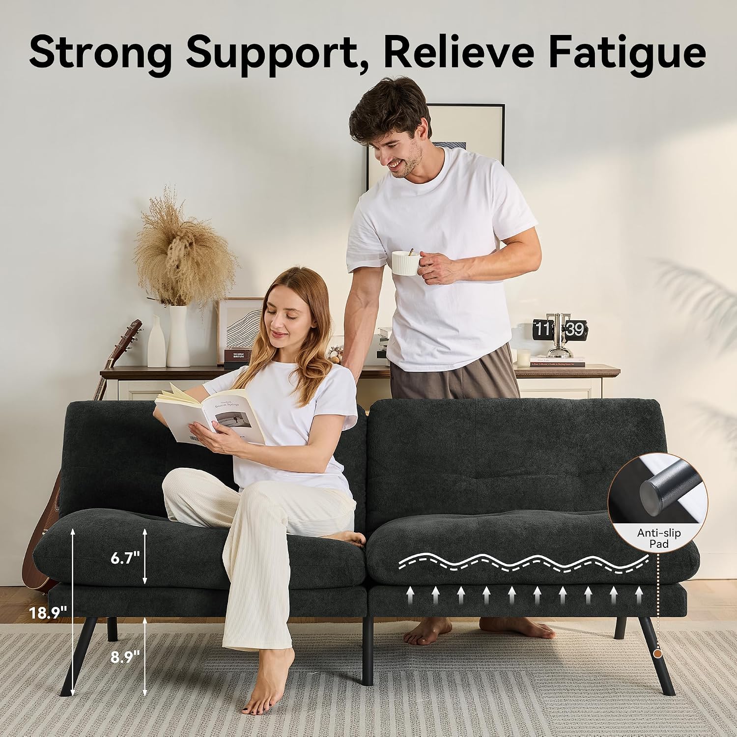 Convertible Futon Sofa Bed with Adjustable Backrest & Detachable Cushions – Plush Terry Cloth Fabric Futon Couch Bed, Morden Folding Loveseat for Living Room,Office,Apartment,Retro Black