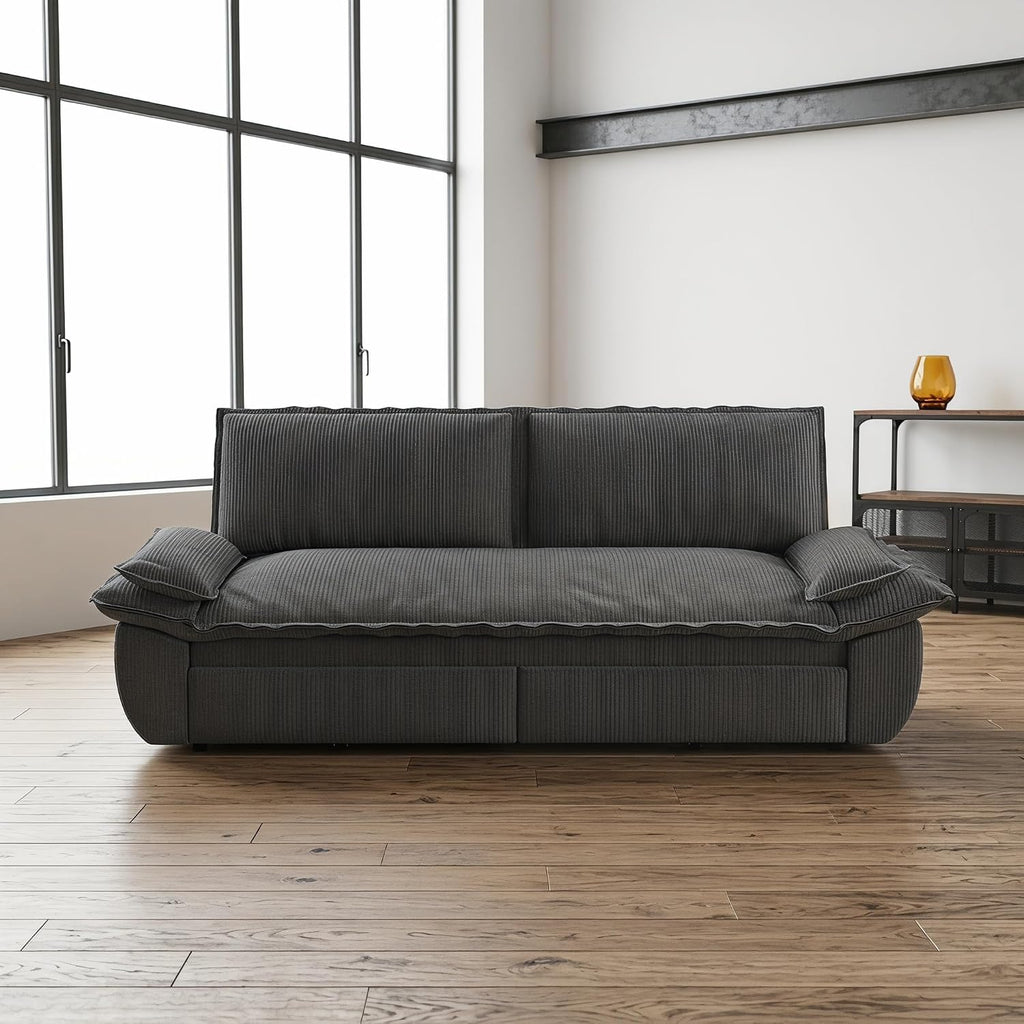 73.2' Sofa Bed Queen, 3-in-1 Pull Out Sofa Bed with Pillow Armrest, Modern Corduroy Convertible Sleeper Futon Sofa for Living Room Small Space, Apartment, Bedroom, Grey