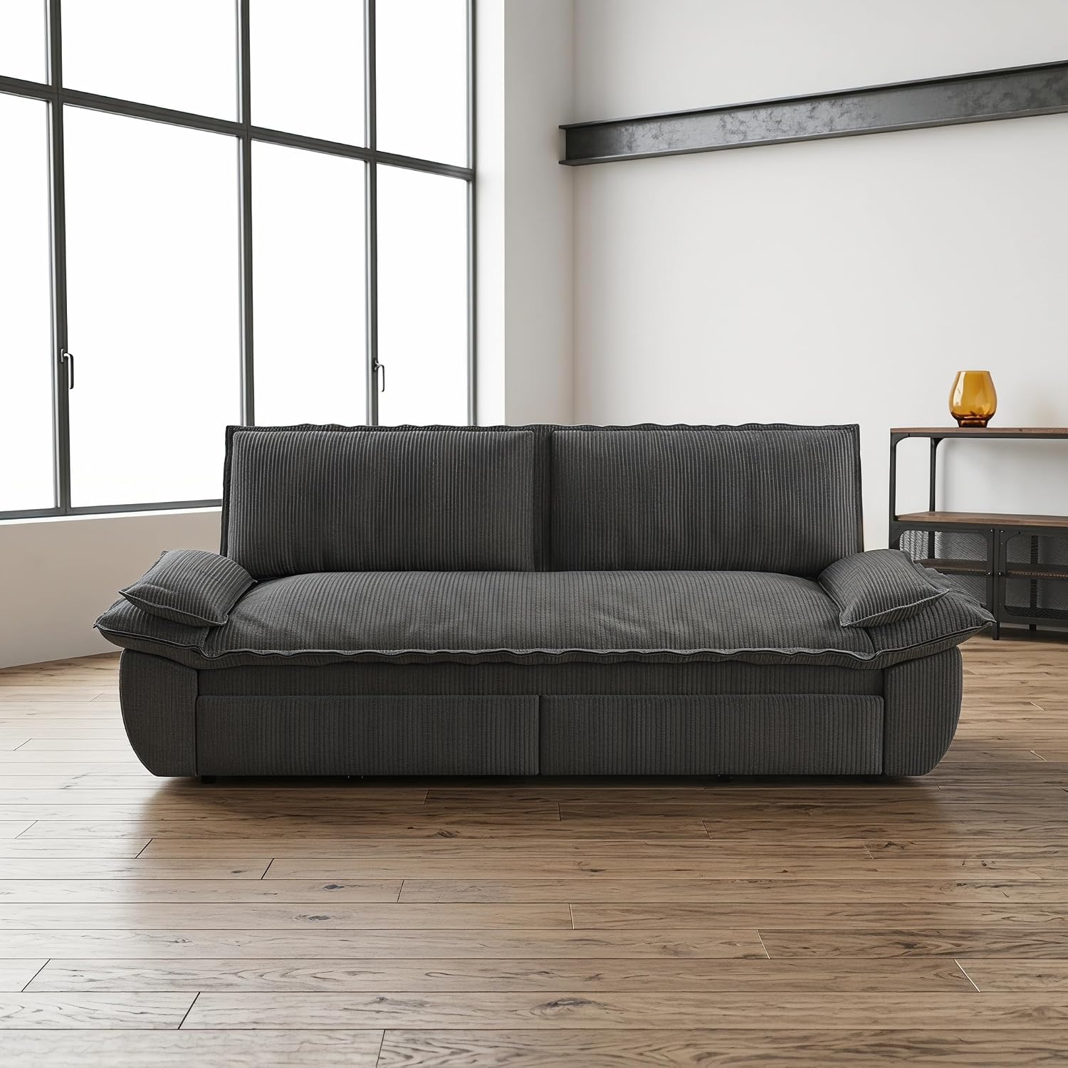 73.2' Sofa Bed Queen, 3-in-1 Pull Out Sofa Bed with Pillow Armrest, Modern Corduroy Convertible Sleeper Futon Sofa for Living Room Small Space, Apartment, Bedroom, Grey