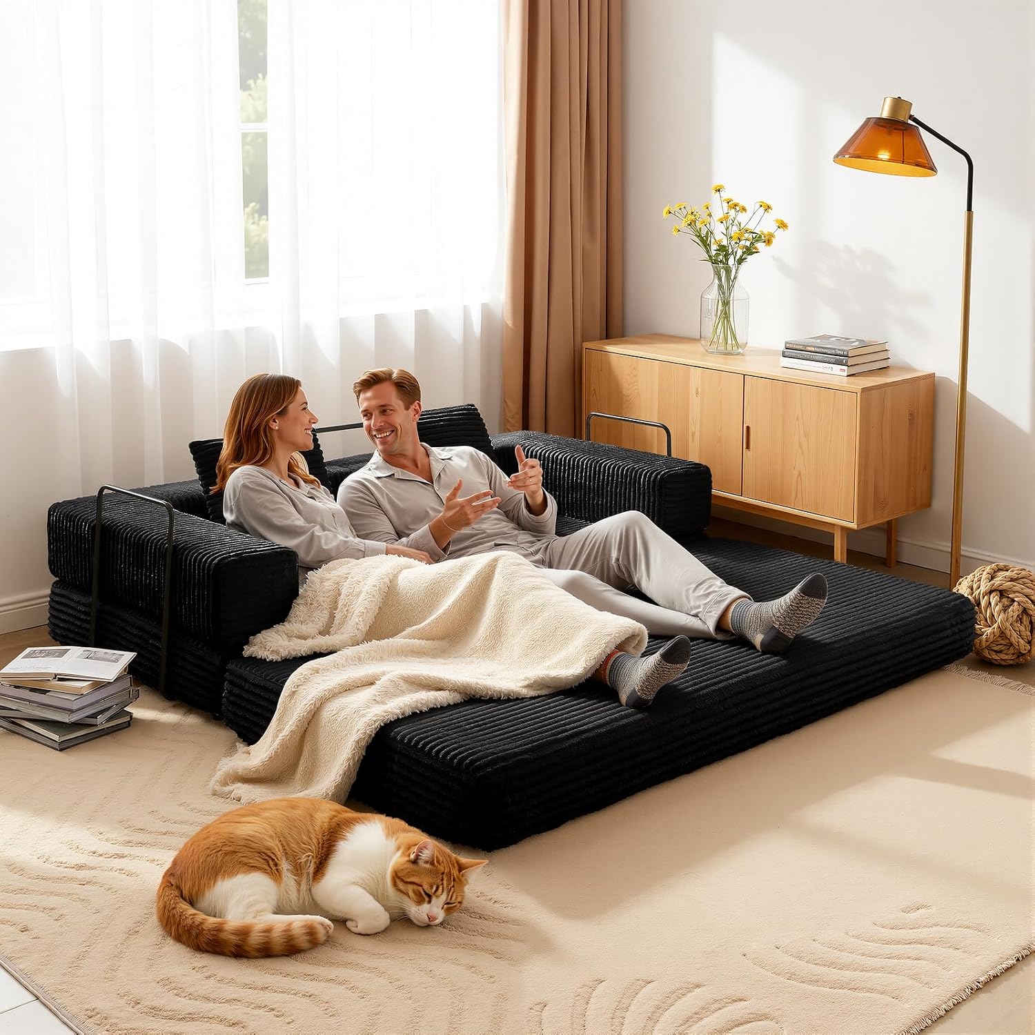 81'' Futon Sofa Bed, Folding Floor Couch Bed, Corduroy Fabric Boneless Couch, Compressed Boneless Sofa in a Box, Comfy Sleeper for Living Room-Black