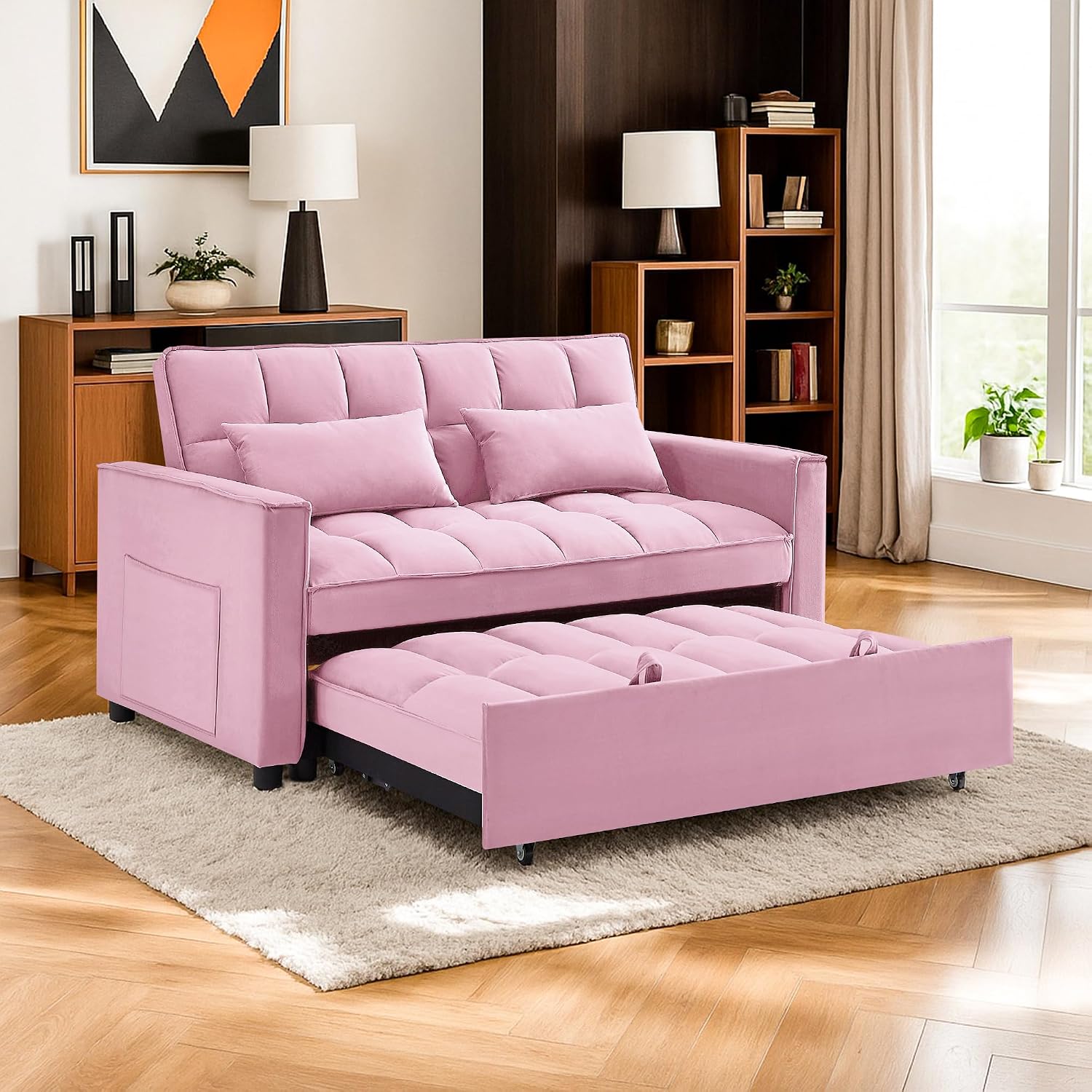 54' Sleeper Sofa Bed, Velvet Futon Sofa Bed with Adjustable Backrest, 3-in-1 Convertible Pull-Out Sleeper Sofa Couch with Armrest and Side Pockets for Small Spaces, Living Room (Pink)