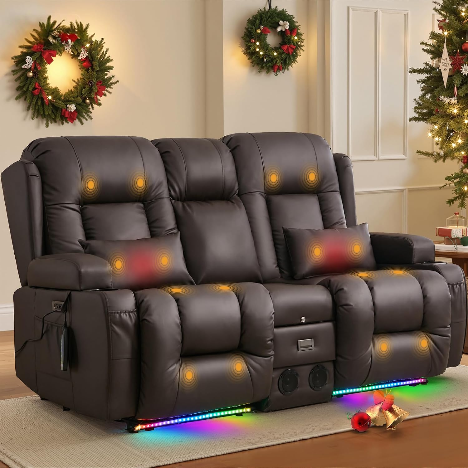 TUNYI Power Loveseat Recliner Sofa with Massage & Heat Home Theater Seating with Console RV Recliner Loveseat Sofa with USB/Storage/Side Pocket/LED Light/Speaker (Brown, Loveseat)