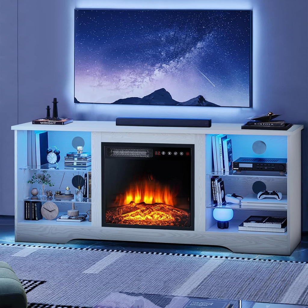 LEMBERI 58 Inches Fireplace TV Stand for TVs up to 65 Inches Console with 18'' Electric Fireplace & Remote, Wooden Modern Entertainment Center for Living Room with LED Light Glass Shelves (Beige)