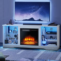 LEMBERI 58 Inches Fireplace TV Stand for TVs up to 65 Inches Console with 18'' Electric Fireplace & Remote, Wooden Modern Entertainment Center for Living Room with LED Light Glass Shelves (Beige)