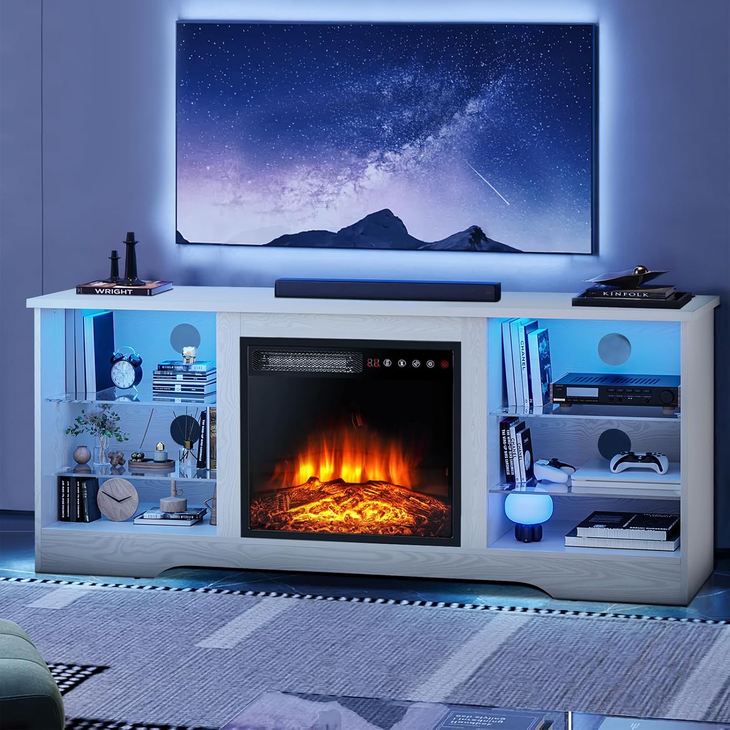 LEMBERI 58 Inches Fireplace TV Stand for TVs up to 65 Inches Console with 18'' Electric Fireplace & Remote, Wooden Modern Entertainment Center for Living Room with LED Light Glass Shelves (Beige)