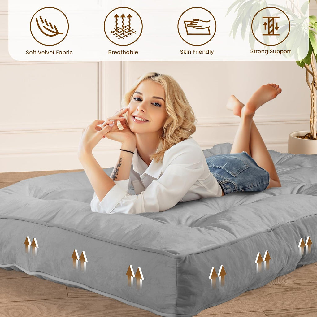 Futon Mattress Full Size 54' x 80', 8' Thick Floor Mattress for Adults, Foldable Sofa Couch Bed with Shredded Foam Filling, Comfy Sleeping Mat for Guest, Camping, Dorm, Light Gray(Frame Not Included)