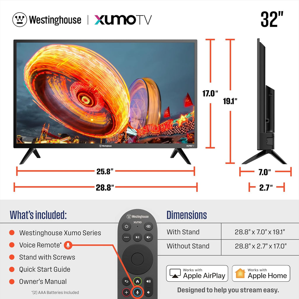 Westinghouse 32-inch Smart TV, HD Xumo TV with Voice Remote, Flat Screen Television w/Dolby Atmos, Bluetooth, Apple AirPlay, Wi-Fi & Mobile Connectivity