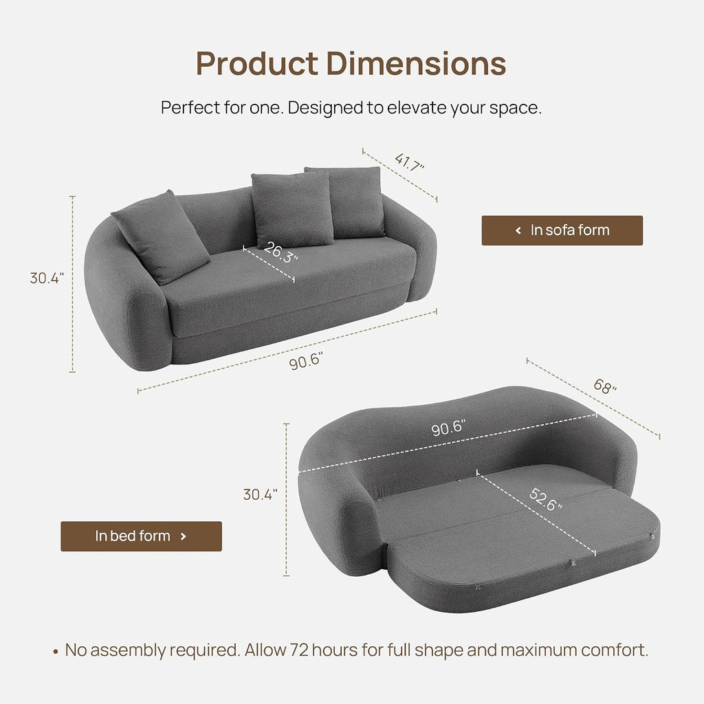SICOTAS Curved Sofa Couch Bed for Living Room Convertible Futon Cloud Boneless Sleeper Chair Pull Out Floor Couch with Deep Seat Sofa Set Foam No Assembly Required for Bedroom Apartment, Dark Grey