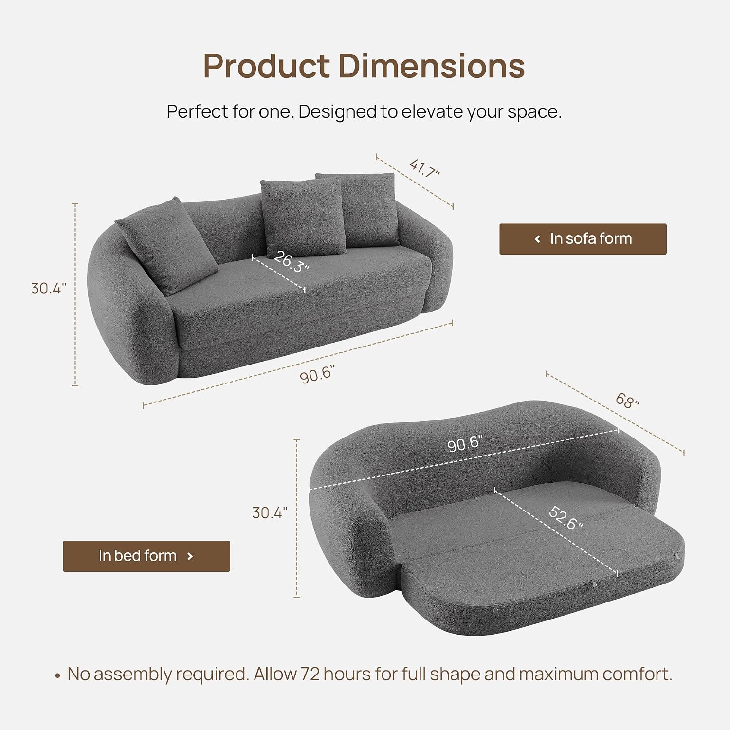SICOTAS 90.6' Curved Convertible Sofa Couch Bed for Living Room Futon Cloud Boneless Sleeper Sofa Pull Out Floor Couch with Deep Seat 3 Seater Foam Bed No Assembly for Bedroom Apartment, Dark Grey