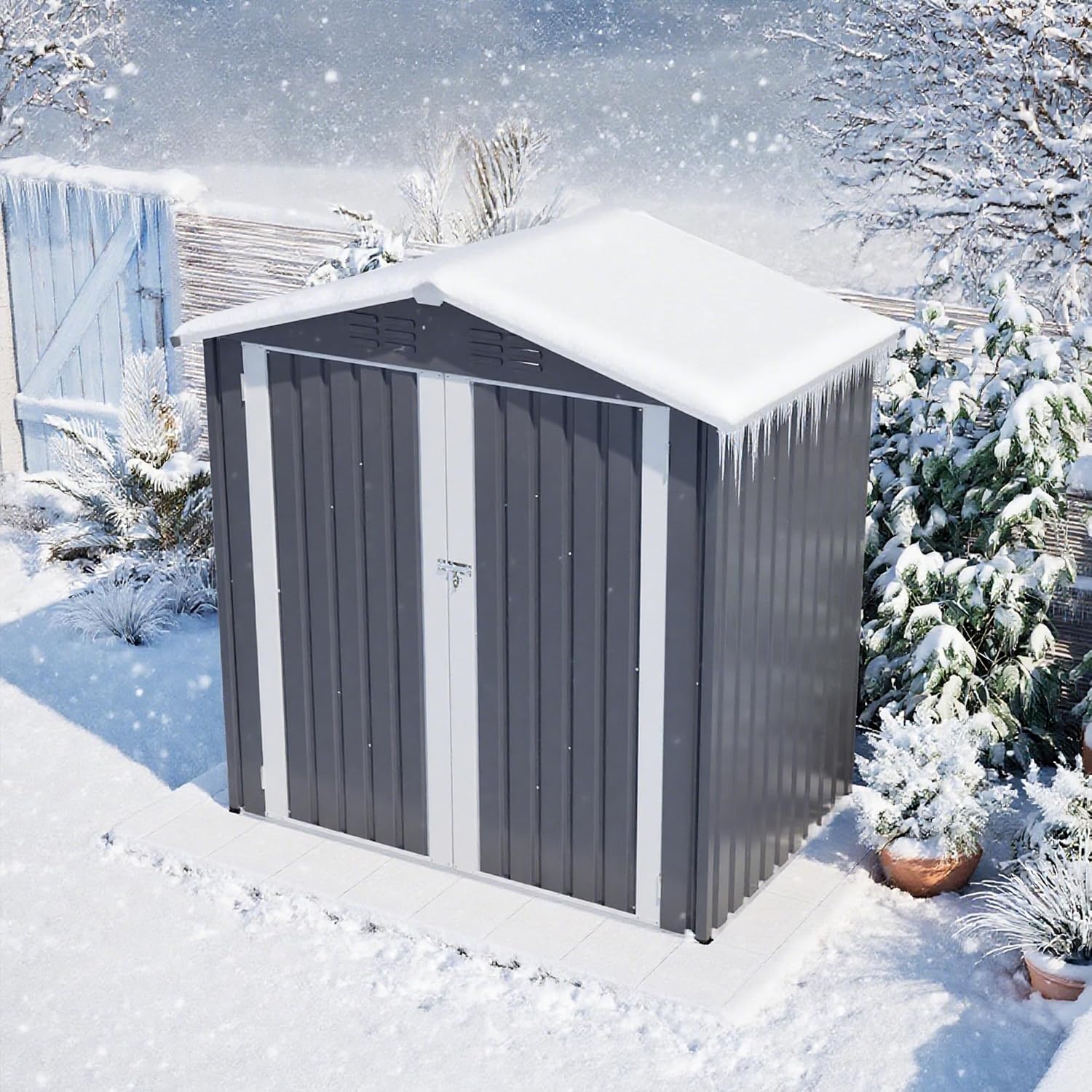 YOPTO 6 x 4 FT Outdoor Storage Shed with Floor Base & Lockable Hinge Door,Metal Garden Shed W/Sloped Roof,for Backyard Patio Lawn,Gray