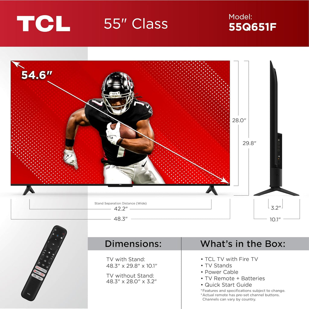 TCL 55-Inch Class Q65 QLED 4K Smart TV with Fire TV (55Q651F, 2024 Model), Dolby Vision and Atmos, HDR PRO+, Alexa Built-in with Voice Remote, Apple AirPlay 2 Compatibility, Streaming Television