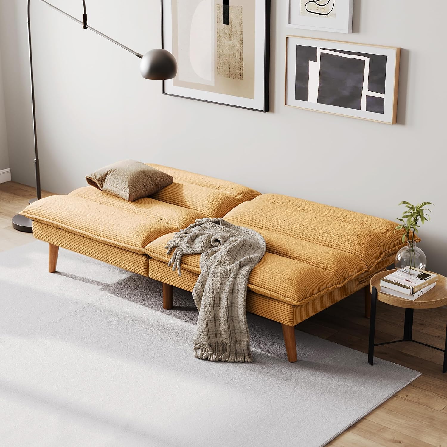 LINSY Futon Sofa Bed - 71 Inch Corduroy Futon Couch with Adjustable Backrest Convertible Folding Futons Sofa Couches for Small Spaces Living Rooms Apartment Office (Yellow)