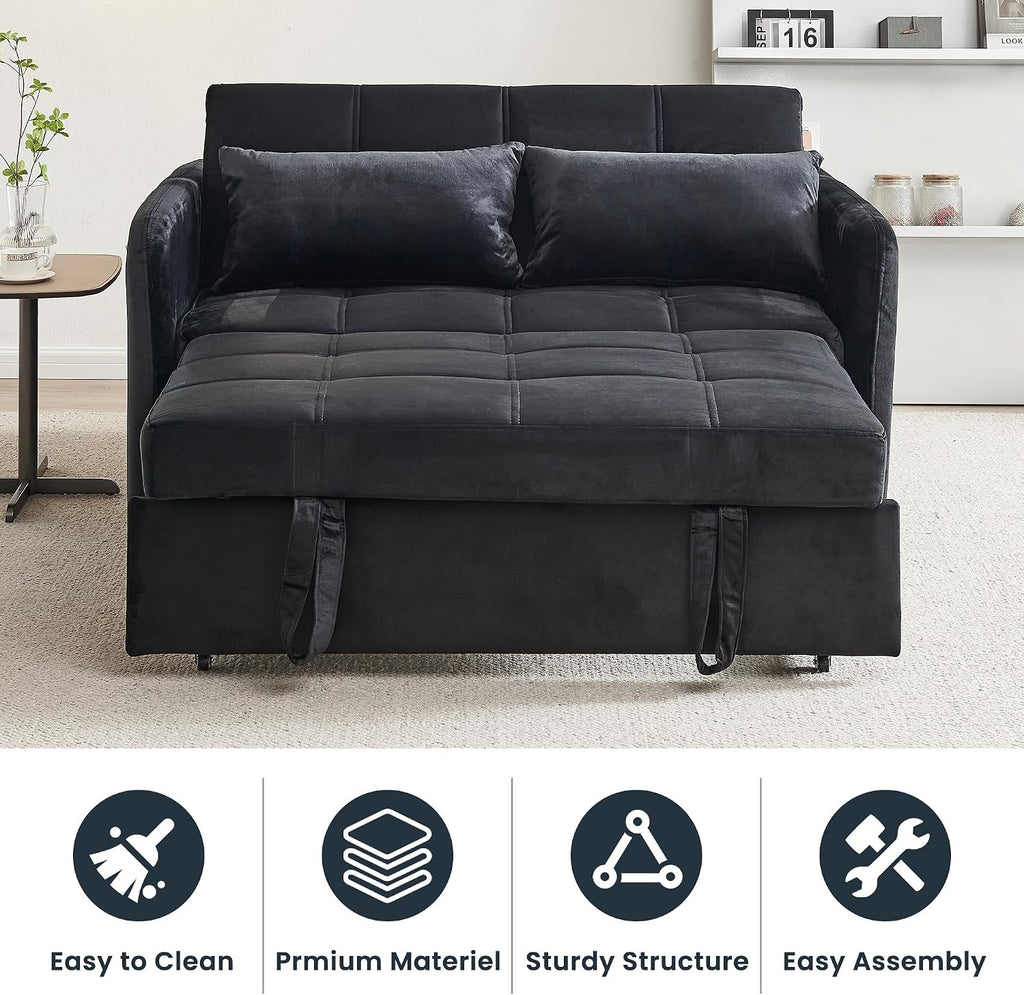 Loveseat Sleeper with USB Ports Velvet Pull Adjustable Backrest, Sofa Bed with Toss Pillows, Futon Couches for Living Room Apartment Office, Black