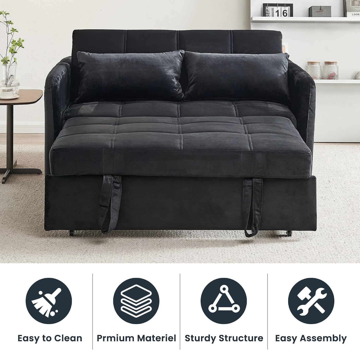 Loveseat Sleeper with USB Ports Velvet Pull Adjustable Backrest, Sofa Bed with Toss Pillows, Futon Couches for Living Room Apartment Office, Black