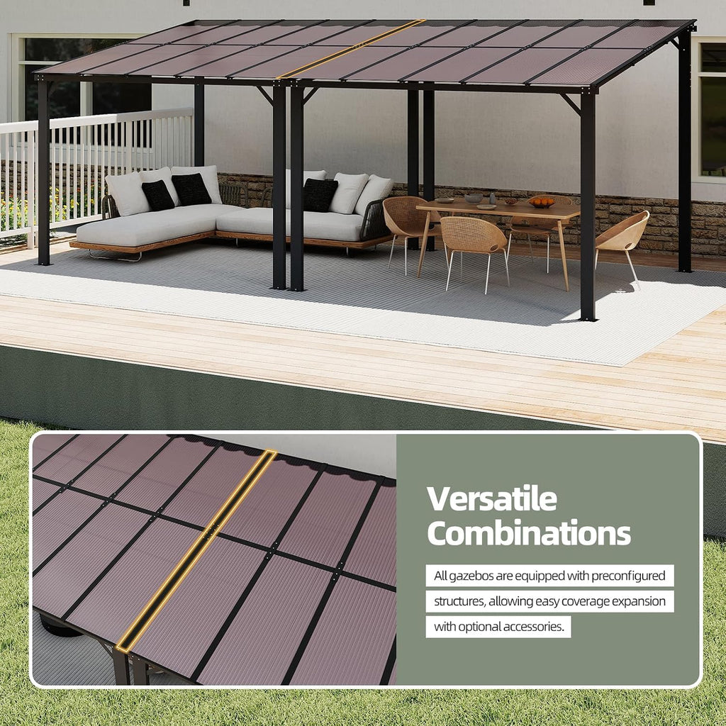 10'×10' Patio Gazebo with Waterproof Fuzzy Strip, Outdoor Gazebo with Innovative Base Support, Wall Mounted Gazebos Pergola with Roof for Backyard, Decks, Garden