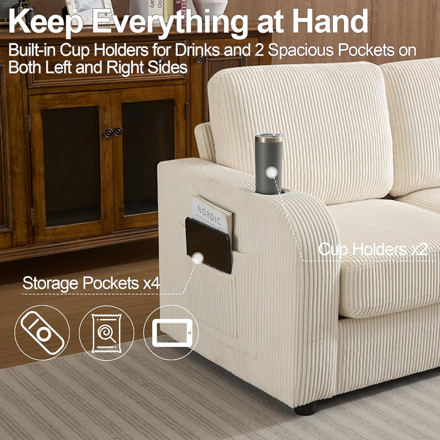 87.4' Oversize 3 Seater Couch, Upholstered Modern Sofa for Living Room, Comfy Deep Seat Loveseat Couch with Cup Holders,Corduroy Love Seat Sofa (Beige)