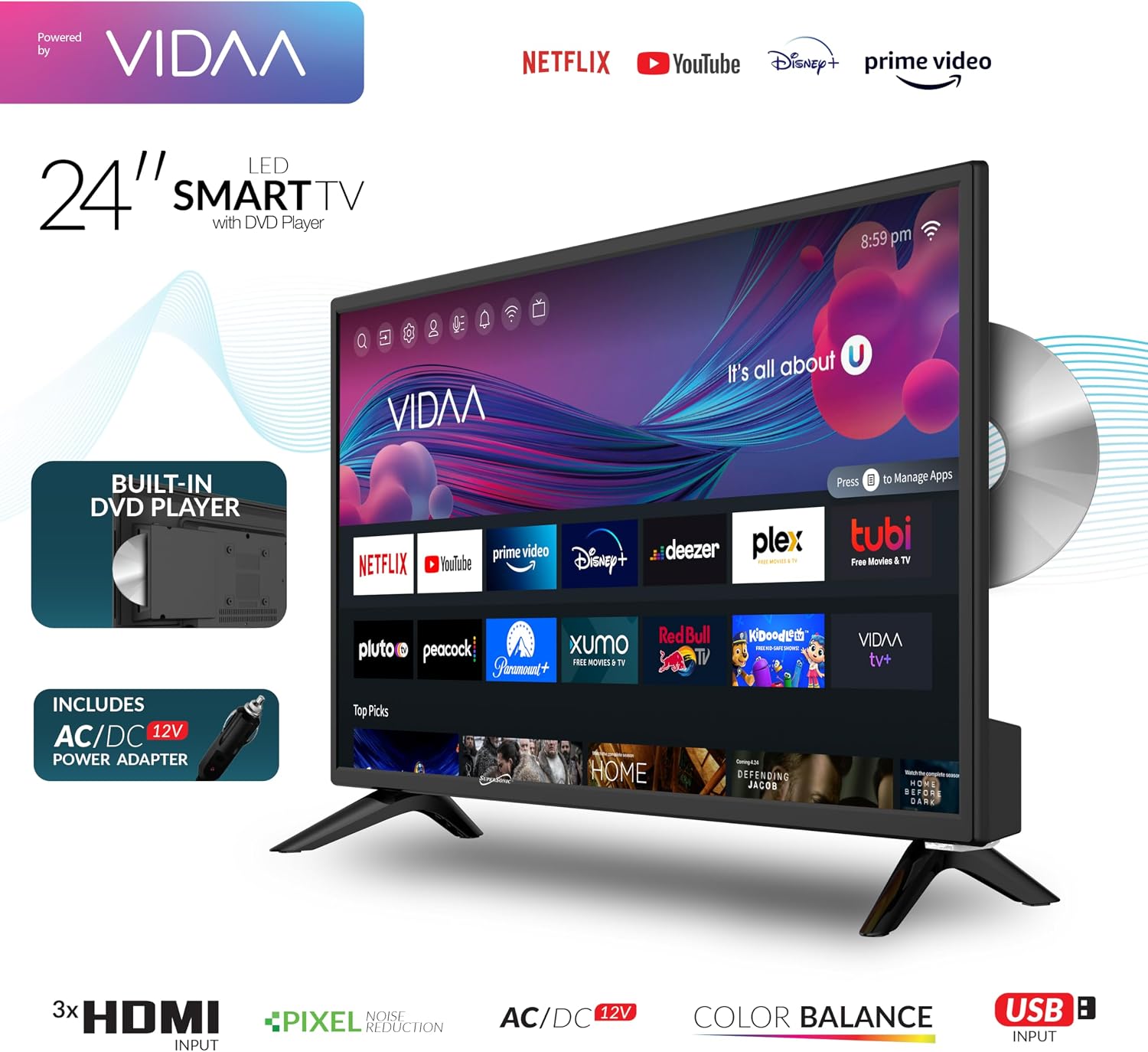 Supersonic SC-2426SDVD 24-inch LED Smart HDTV w/DVD Player, ATSC & NTSC System, 3X HDMI, 1080p, WiFi, USB, Multi Language OSD, AC/DC Compatible for Home, Kitchen, or RV Camper, DC Car Cord Included