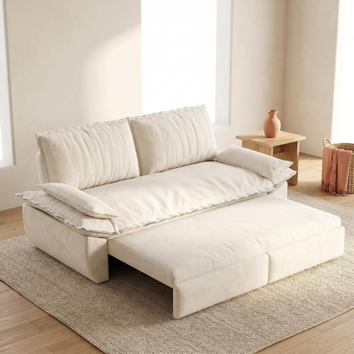 73.2' Sofa Bed Queen, 3-in-1 Pull Out Sofa Bed with Pillow Armrest, Modern Velvet Convertible Sleeper Futon Sofa for Living Room Small Space, Apartment, Bedroom, White