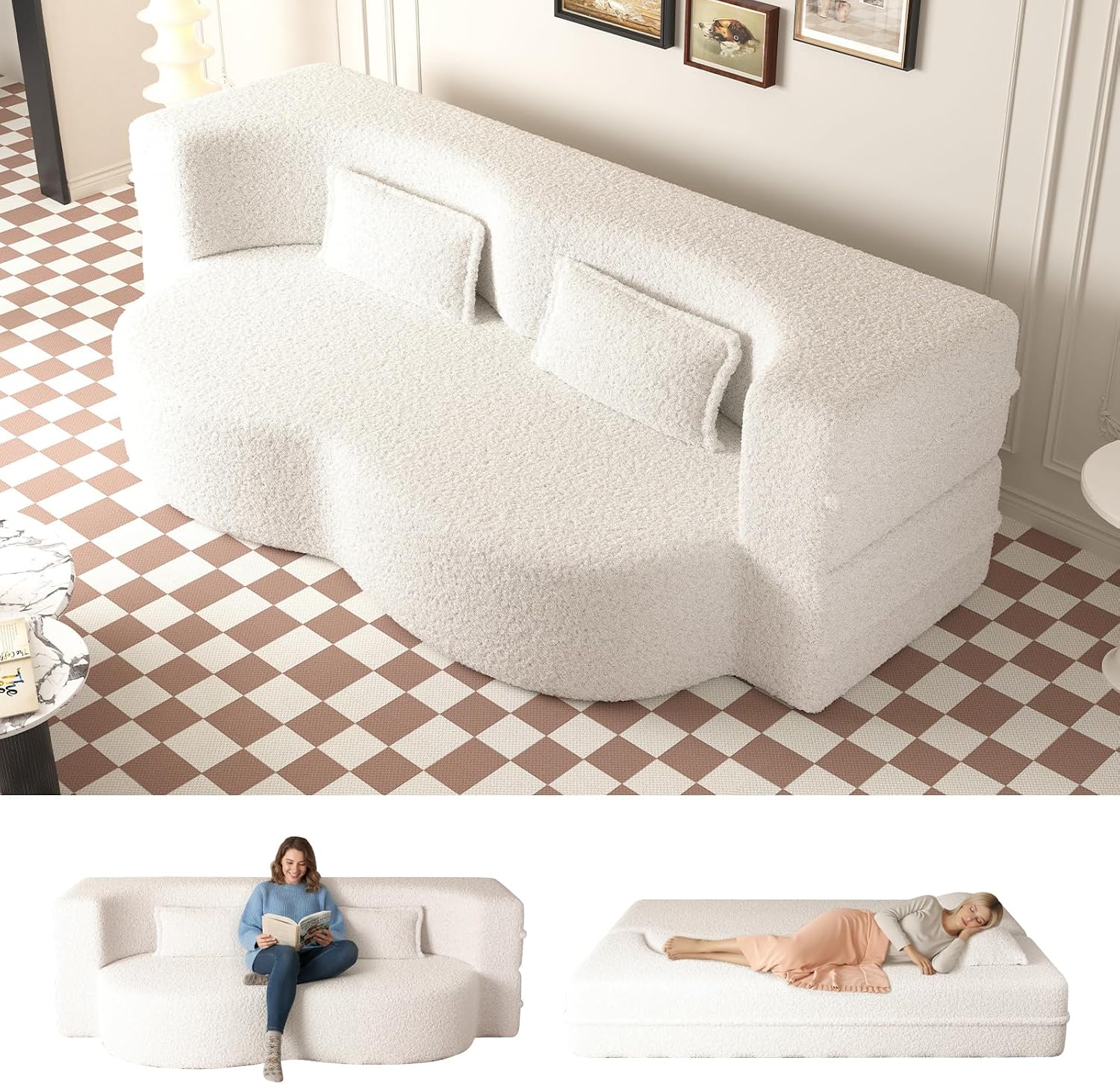 CAPCAEK Folding Sofa Bed,15' Full Size Boneless Couch for Living Room, Convertible Teddy Fabric Foam-Filled Sleeper Futon Loveseat Couch for Living Room, Guest Use, Office, Apartmen (Beige)